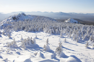 Fototapeta na wymiar Mountain range Zyuratkul, winter landscape.