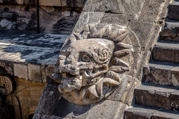 Carving details of Quetzalcoatl Pyramid at Teotihuacan Ruins - Mexico City, Mexico