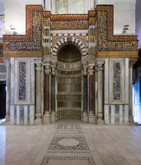 Interior view of ornate sculpted mihrab (niche) in front of the cenotaph in the mausoleum of Sultan Qalawun, part of Sultan Qalawun Complex built 1285 AD, located in Al Moez Street, Old Cairo, Egypt