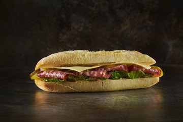 Delicious salami ciabatta. Dark metal background. Space.