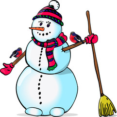 Снеговик и снегири вектор