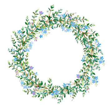 Floral wreath.Garland with eucalyptus branches and forget-me-not flowers. Watercolor hand drawn illustration.It can be used for greeting cards, posters, wedding cards.