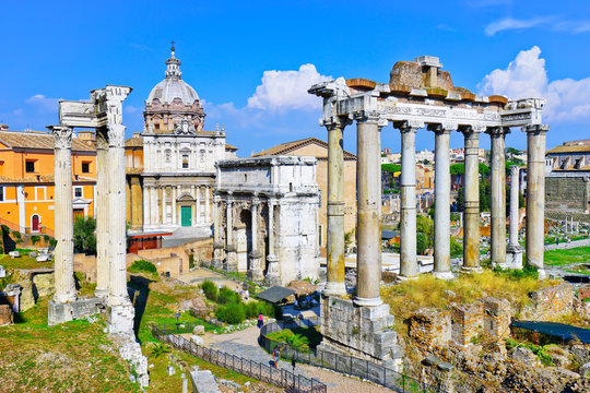 View of the roman ruins in a sunny day in Rome, Italy.