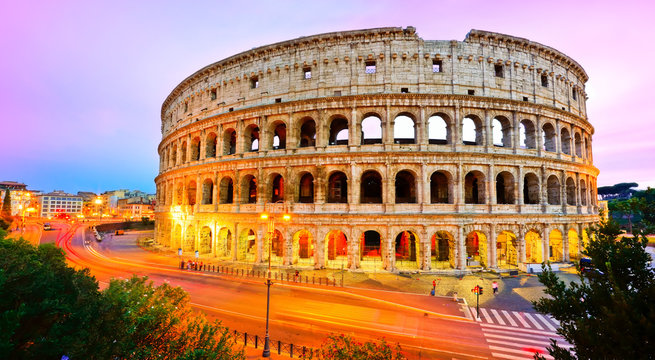 View of Colosseum at dusk in Rome, Italy