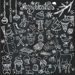 Christmas season doodle icons,animals.Chalkboard