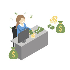 Successful  Happy businesswoman with green banknote money sitting on office desk with laptop Isometric Vector Illustration flat vector. Stick Figure 
 super powers.