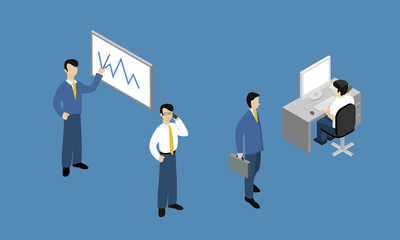 Isometric Vector Illustration. People Isometric Isometric Works. Working sitting at their desks, with their laptop. Isometric perspective. Infographics.Stick Figure 