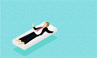 Businessman in business clothes lying on the water. Relax on the islands. Dream about vacation. Meditation worker Swimming in the ocean or pool Tourist business concept. Flat style vector Stick Figure