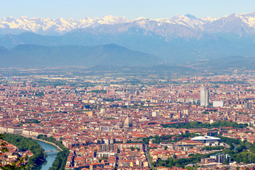 Fototapeta na wymiar Turin (Torino), aerial panorama, landscape of the city and Alps in wintertime, Italy, Europe