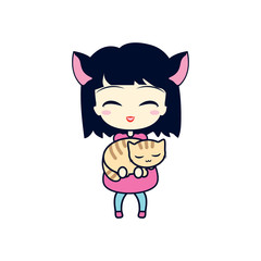 Cute girl holding small cat. Isolated on white background.