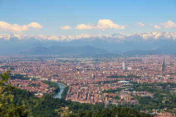 Turin (Torino), aerial panorama, landscape of the city and Alps in wintertime, Italy, Europe