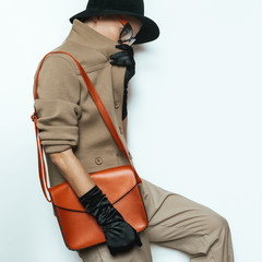 Vintage Fashion Model Beige classic costume and stylish Accessor