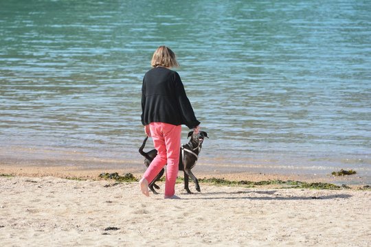 Une femme joue avec son chien sur une plage de Bretagne