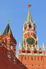 Spasskaya and Imperial Towers of Kremlin on  Red Square in Moscow, Russia