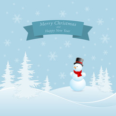 Snowman on background of winter landscape, snowflakes and Christmas trees. Banner with words Merry Christmas and a happy new year. 