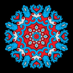 Bright round ornamental element for design in red and blue colors.