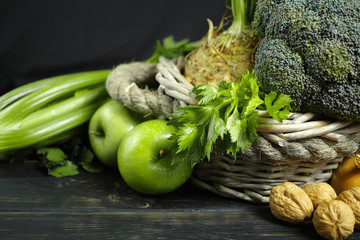 Green vegetables and fruits -  celery, apples, celery root celeriac