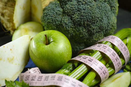Green vegetables and fruits -  celeriac, broccoli, celery shoots