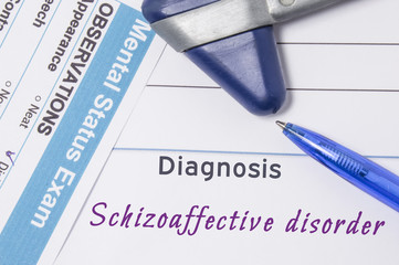 Psychiatric diagnosis Schizoaffective disorder. On psychiatrist workplace is medical certificate...