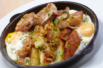 fried meat with potatoes and egg