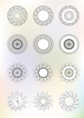 Set of vector guilloche elements for certificate, diploma, voucher, currency and money design.