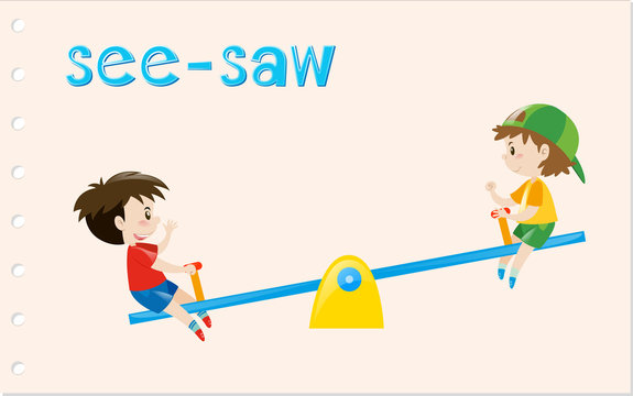 Word card with two boys on see-saw