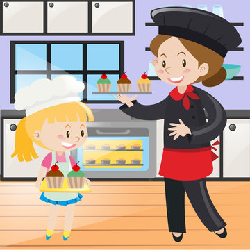 Chef and little girl in kitchen