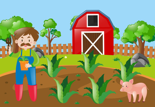 Farm scene with farmer planting in field
