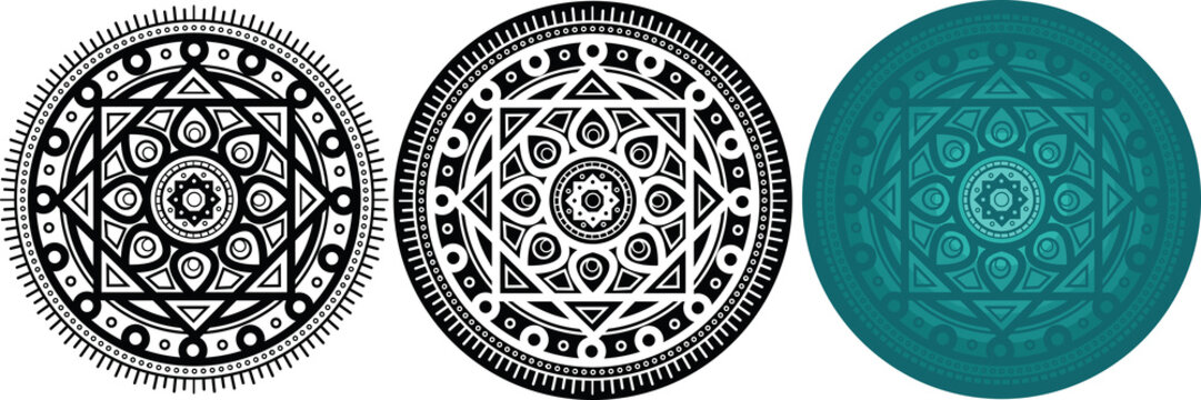 Set of 3 geometry mandals for coloring book. Round pattern