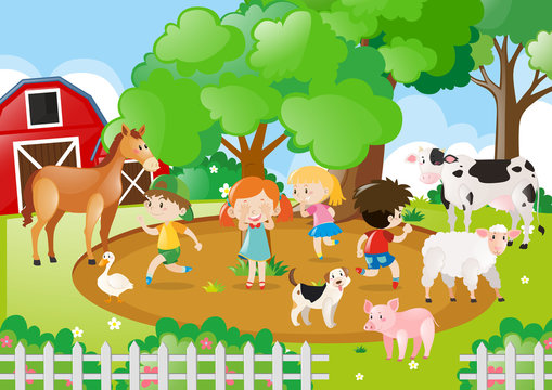 Kids and farm animals in the farm