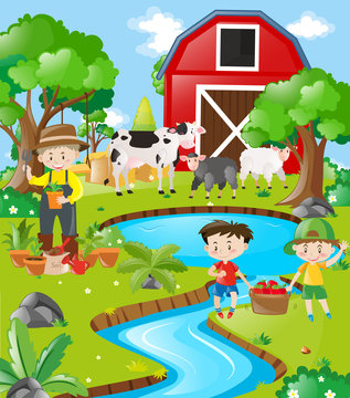 Farm scene farmer and boys by the river