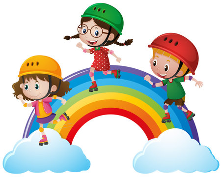Three kids skating on the rainbow