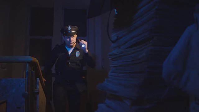 US police is investigating in the dark shining a flashlight