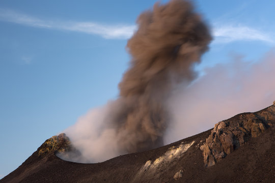 Stromboli vulcano. An explosion produces a fountain of lava and lapilli., Aeolian islands, Lipari islands,Sicily, Italy