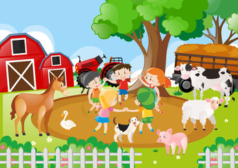 Farm scene with children playing