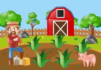 Farm scene with farmer and pig