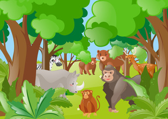 Wild animals in the green forest