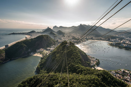 View of misty Rio de Janeiro city by sunset from the Sugarloaf Mountain