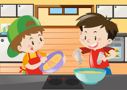 Two boys cooking in the kitchen