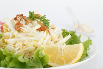 Delicious a la carte Waldorf salad with apples, celery and nuts, classic recipe,  close-up