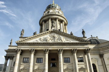 Bottom view of German Cathedral in Gendarmenmarkt Berlin. 18th-century structure including displays on the parliamentary democracy of the German Bundestag.