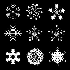 Set of Snowflakes  Vector  Icon Symbol Design. Vector Winter illustration isolated on black background