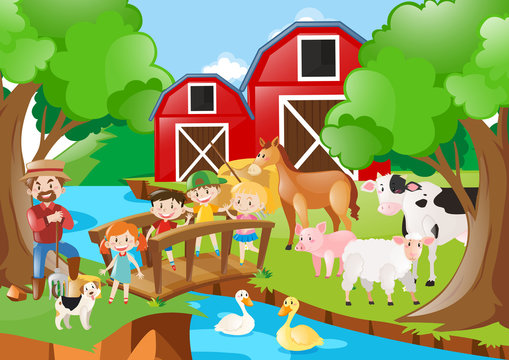 Farm scene with farmer and children by the river