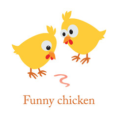 Cute cartoon yellow chicken with worm, vector, bird, illustrations, animal,  illustration on white background.