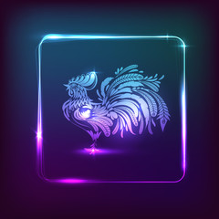 neon rooster on dark background with shining frame. stylized dra