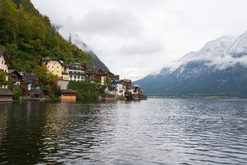 Hallstatt town and lake during gloomy and cloudy day