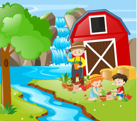 People planting tree by the river