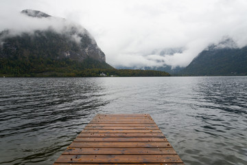 Gloomy and cloudy day in Hallstatt lake, Austria