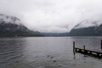 View of Hallstatt lake during gloomy and cloudy day from Obertraun 
