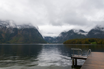 View of Hallstatt lake during gloomy and cloudy day from Obertraun 